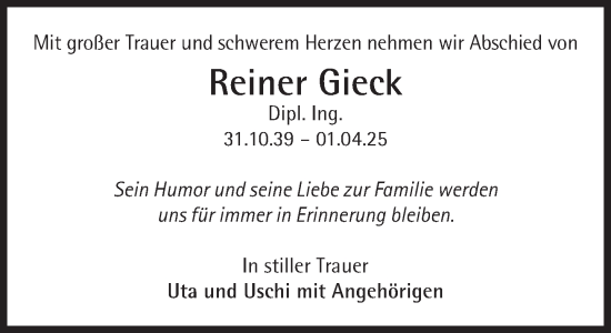 Traueranzeige von Reiner Gieck von Süddeutsche Zeitung