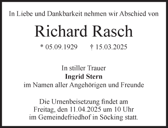 Traueranzeige von Richard Rasch von Süddeutsche Zeitung
