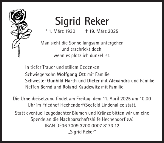 Traueranzeige von Sigrid Reker von Süddeutsche Zeitung