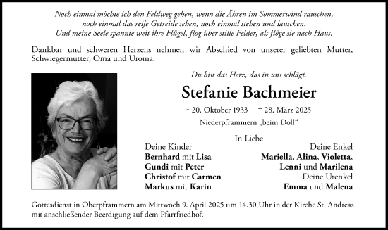 Traueranzeige von Stefanie Bachmeier von Süddeutsche Zeitung