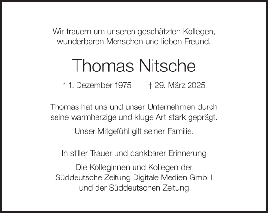 Traueranzeige von Thomas Nitsche von Süddeutsche Zeitung