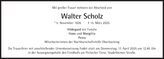 Traueranzeige von Walter Scholz von Süddeutsche Zeitung