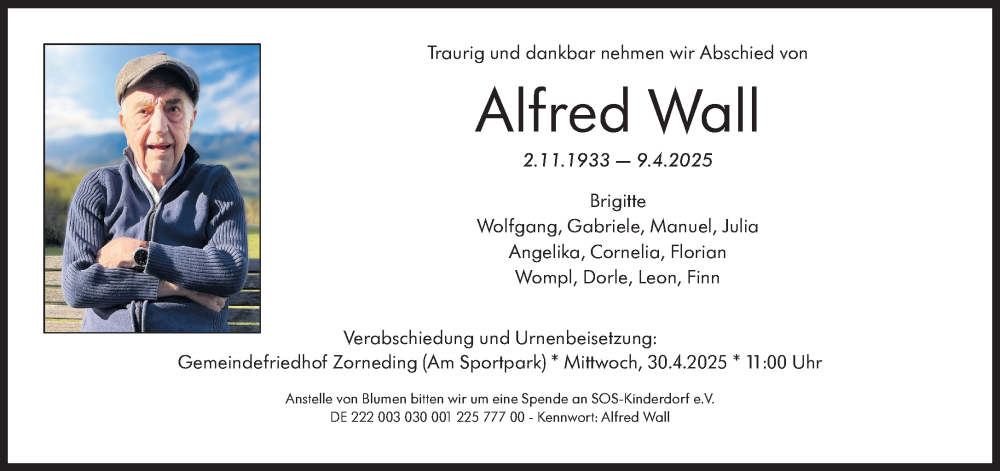  Traueranzeige für Alfred Wall vom 26.04.2025 aus Süddeutsche Zeitung