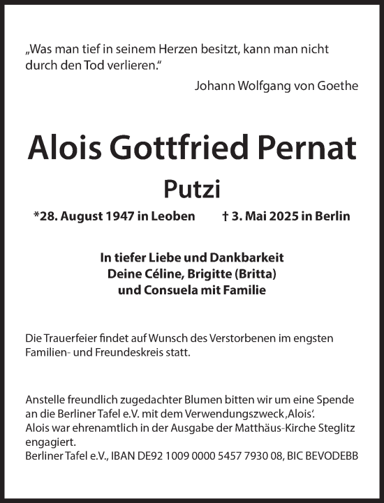 Traueranzeige von Alois Gottfried Pernat von Süddeutsche Zeitung