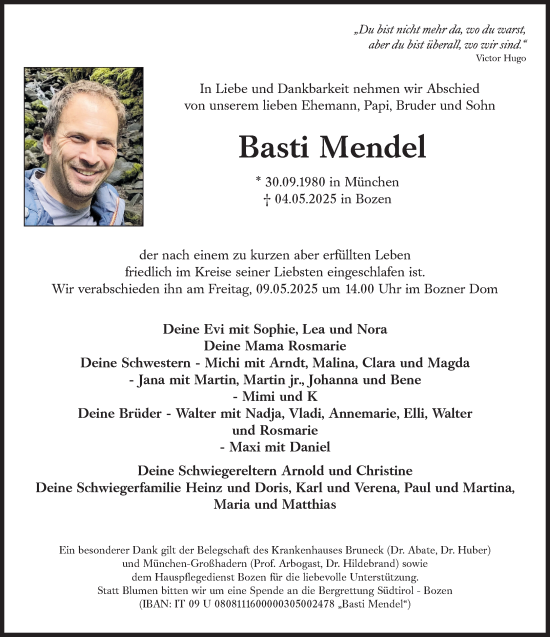 Traueranzeige von Basti Mendel von Süddeutsche Zeitung