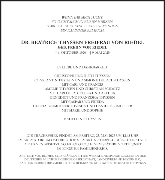 Traueranzeige von Beatrice Thyssen Freifrau von Riedel von Süddeutsche Zeitung