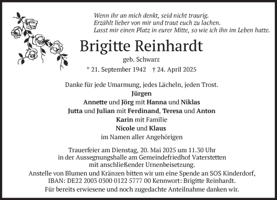 Traueranzeige von Brigitte Reinhardt von Süddeutsche Zeitung