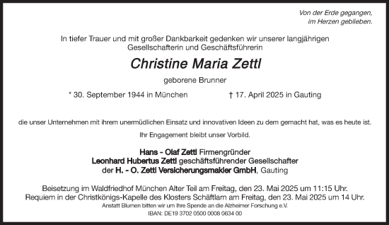 Traueranzeige von Christine Maria Zettl von Süddeutsche Zeitung