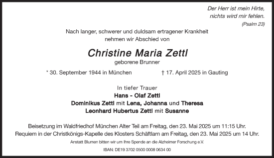 Traueranzeige von Christine Maria Zettl von Süddeutsche Zeitung