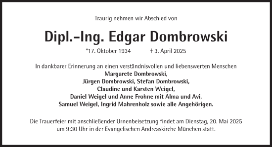 Traueranzeige von Edgar Dombrowski von Süddeutsche Zeitung