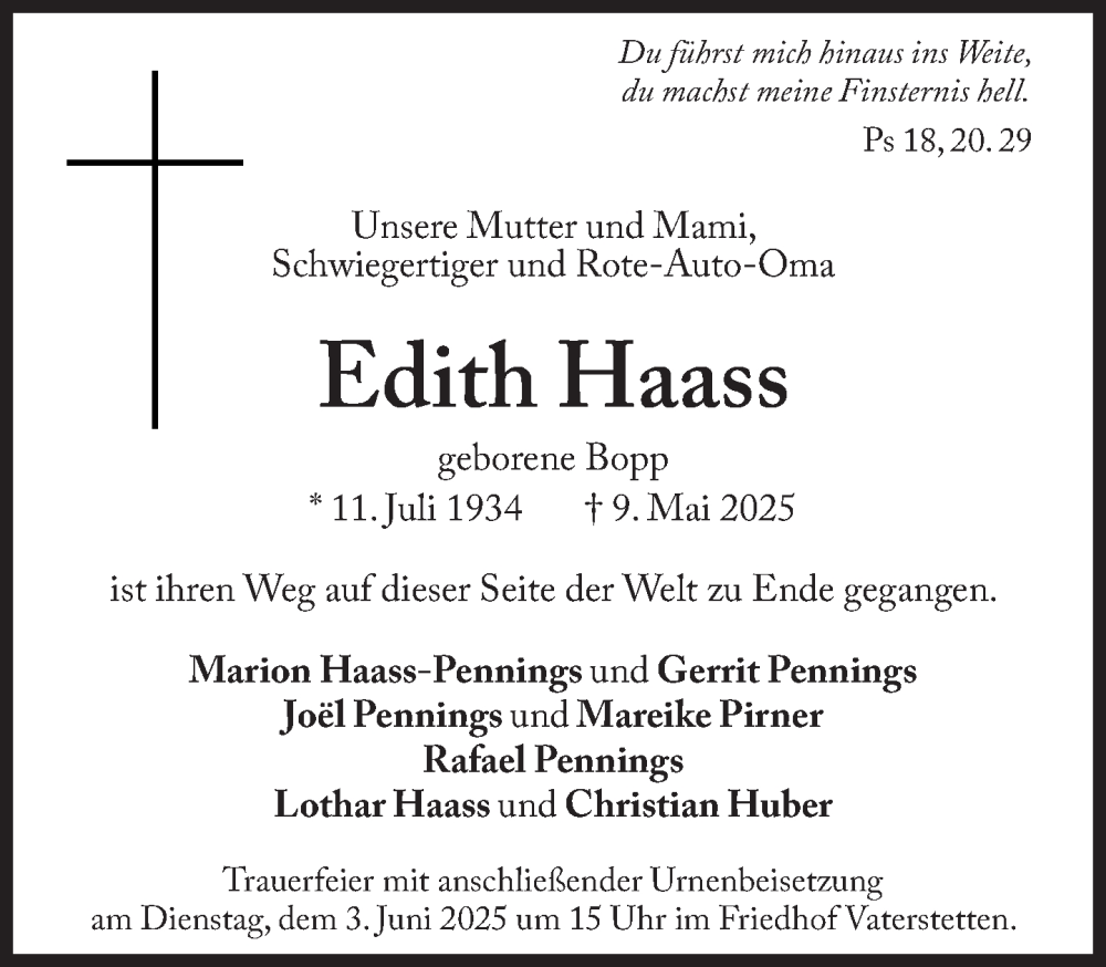  Traueranzeige für Edith Haass vom 24.05.2025 aus Süddeutsche Zeitung