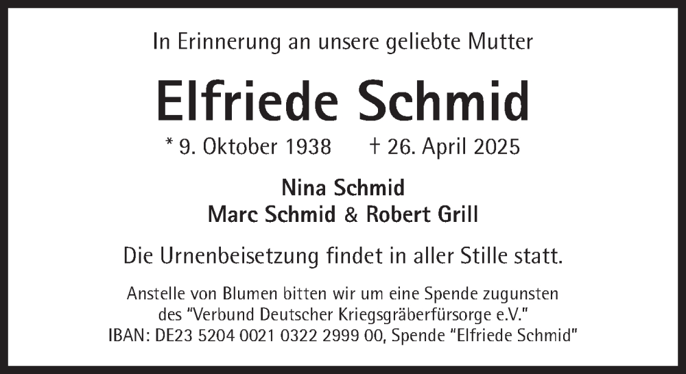  Traueranzeige für Elfriede Schmid vom 24.05.2025 aus Süddeutsche Zeitung