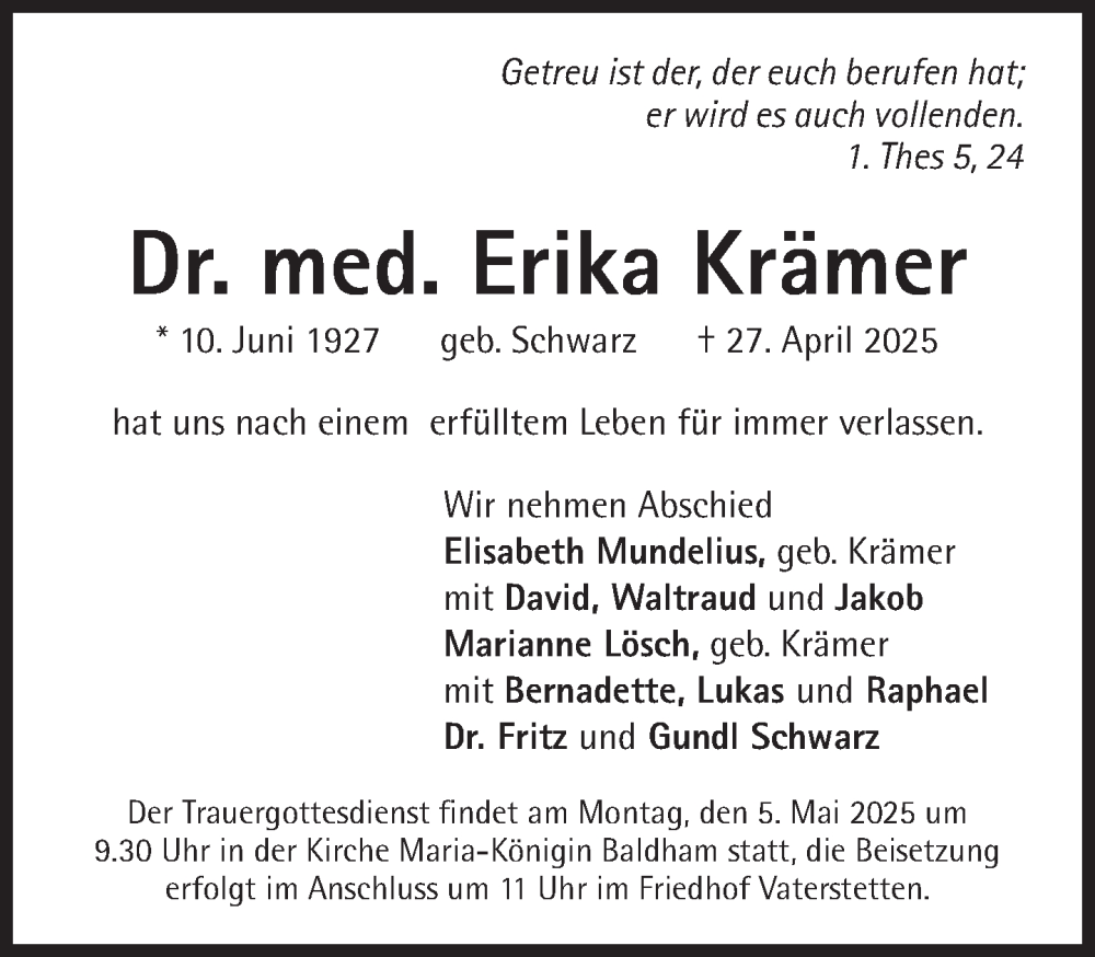  Traueranzeige für Erika Krämer vom 02.05.2025 aus Süddeutsche Zeitung