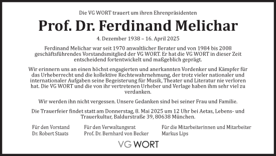 Traueranzeige von Ferdinand Melichar von Süddeutsche Zeitung