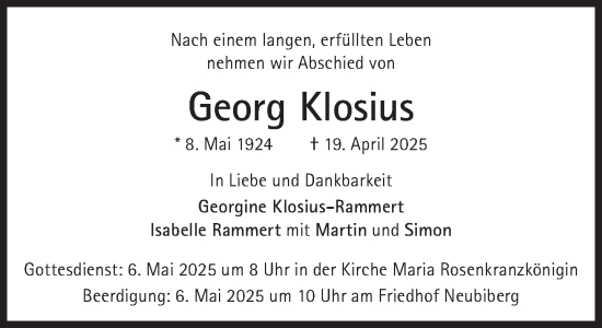 Traueranzeige von Georg Klosius von Süddeutsche Zeitung