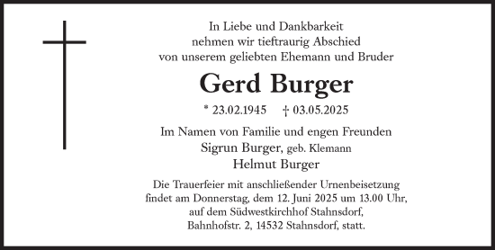 Traueranzeige von Gerd Burger von Süddeutsche Zeitung