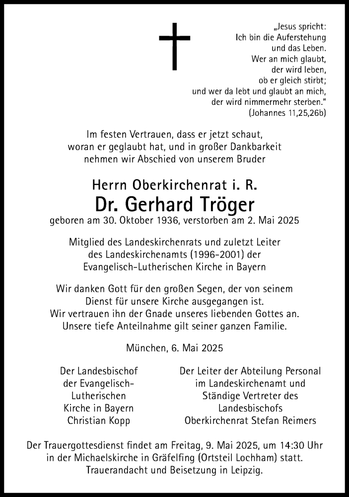 Traueranzeige für Gerhard Tröger vom 08.05.2025 aus Süddeutsche Zeitung