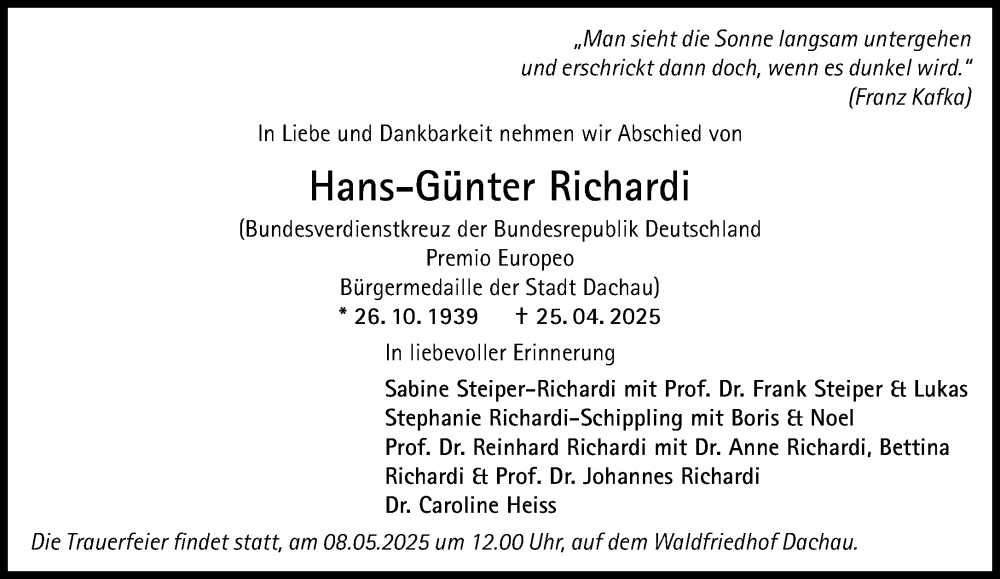  Traueranzeige für Hans-Günter Richardi vom 03.05.2025 aus Süddeutsche Zeitung