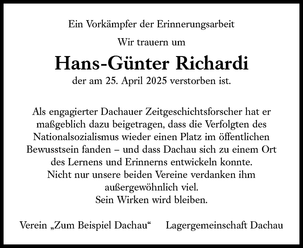  Traueranzeige für Hans-Günter Richardi vom 03.05.2025 aus Süddeutsche Zeitung