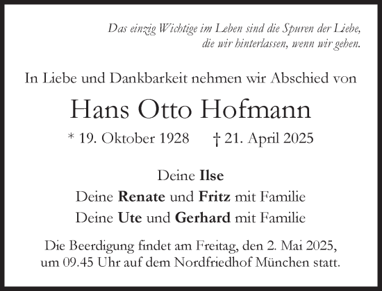 Traueranzeige von Hans Otto Hofmann von Süddeutsche Zeitung