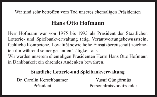 Traueranzeige von Hans Otto Hofmann von Süddeutsche Zeitung