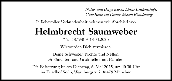 Traueranzeige von Helmbrecht Saumweber von Süddeutsche Zeitung
