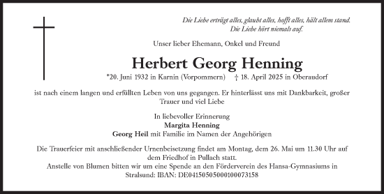 Traueranzeige von Herbert Georg Henning von Süddeutsche Zeitung