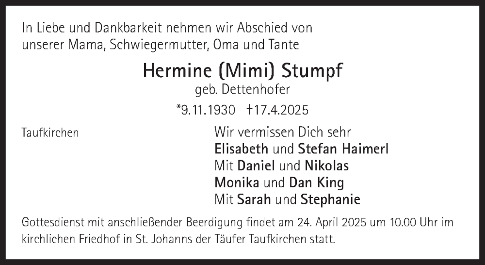 Traueranzeige für Hermine Stumpf vom 23.04.2025 aus Süddeutsche Zeitung