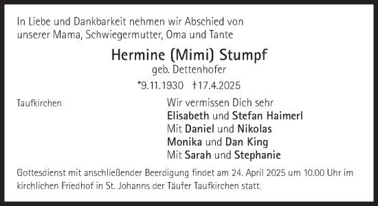 Traueranzeige von Hermine Stumpf von Süddeutsche Zeitung