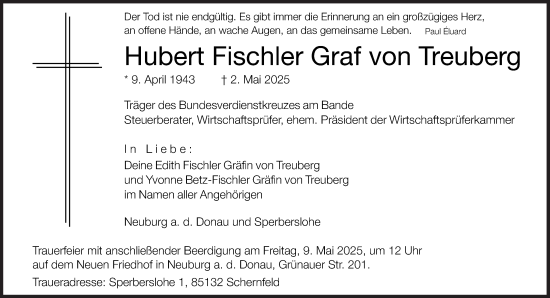 Traueranzeige von Hubert Fischler Graf von Treuberg von Süddeutsche Zeitung