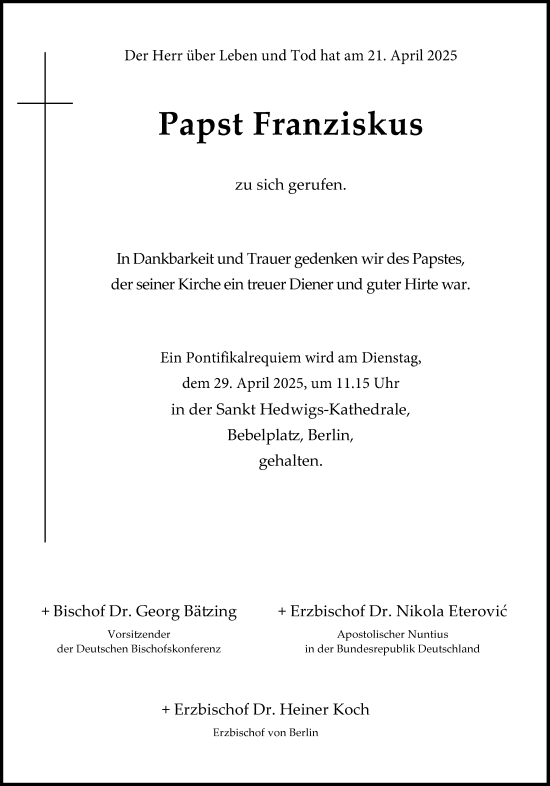 Traueranzeige von In Gedenken an Papst Franziskus  von Süddeutsche Zeitung