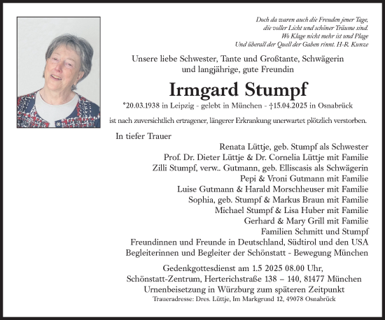 Traueranzeige von Irmgard Stumpf von Süddeutsche Zeitung
