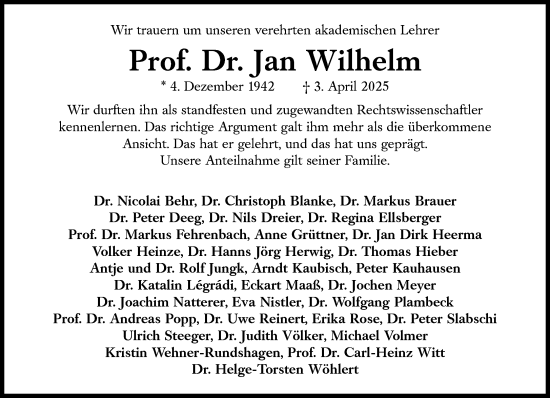 Traueranzeige von Jan Wilhelm von Süddeutsche Zeitung