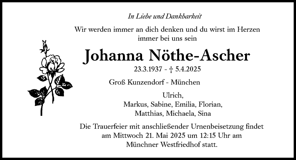  Traueranzeige für Johanna Nöthe-Ascher vom 17.05.2025 aus Süddeutsche Zeitung