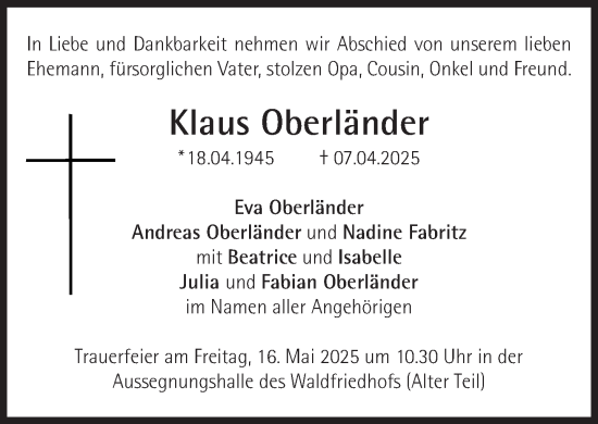 Traueranzeige von Klaus Oberländer von Süddeutsche Zeitung