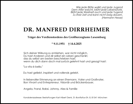 Traueranzeige von Manfred Dirrheimer von Süddeutsche Zeitung