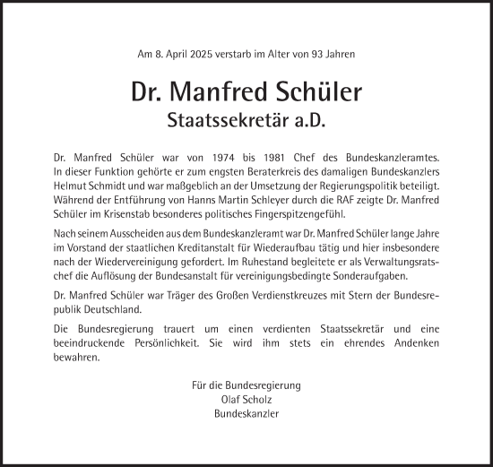 Traueranzeige von Manfred Schüler von Süddeutsche Zeitung