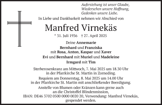 Traueranzeige von Manfred Virnekäs von Süddeutsche Zeitung