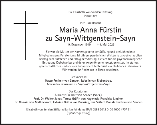 Traueranzeige von Maria Anna Fürstin zu Sayn-Wittgenstein-Sayn von Süddeutsche Zeitung