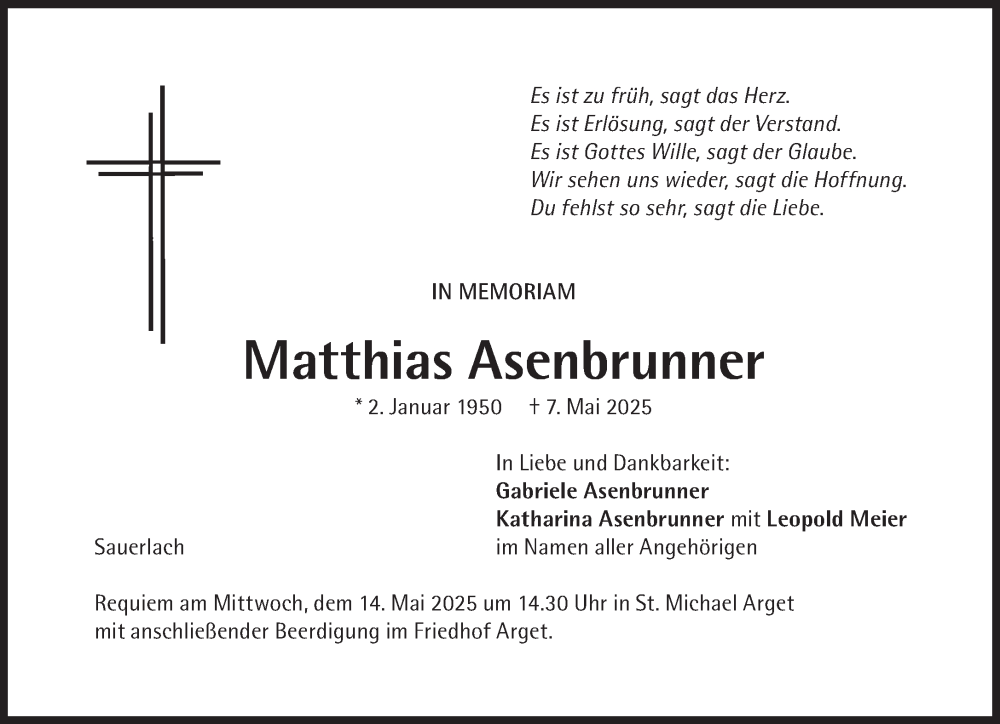  Traueranzeige für Matthias Asenbrunner vom 10.05.2025 aus Süddeutsche Zeitung