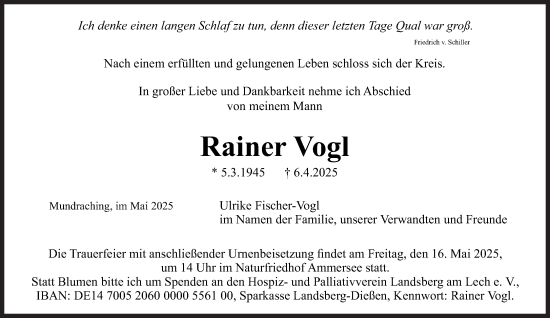 Traueranzeige von Rainer Vogl von Süddeutsche Zeitung