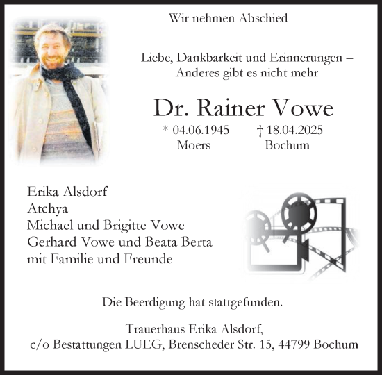 Traueranzeige von Rainer Vowe von Süddeutsche Zeitung