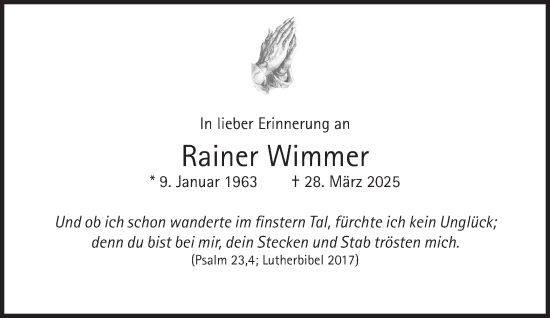 Traueranzeige von Rainer Wimmer von Süddeutsche Zeitung