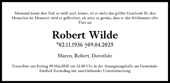 Traueranzeige von Robert Wilde von Süddeutsche Zeitung