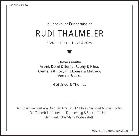 Traueranzeige von Rudi Thalmeier von Süddeutsche Zeitung