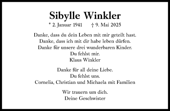 Traueranzeige von Sibylle Winkler von Süddeutsche Zeitung
