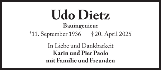 Traueranzeige von Udo Dietz von Süddeutsche Zeitung