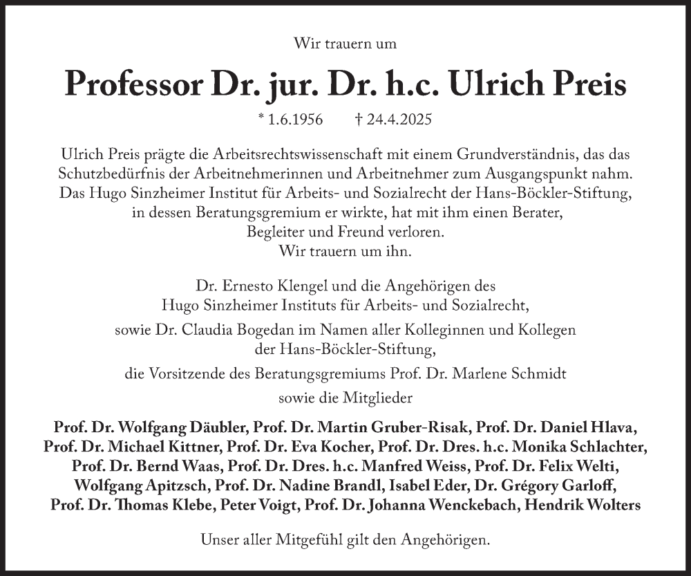  Traueranzeige für Ulrich Preis vom 10.05.2025 aus Süddeutsche Zeitung