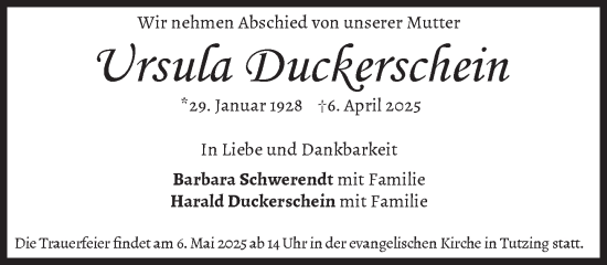 Traueranzeige von Ursula Duckerschein von Süddeutsche Zeitung