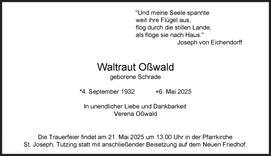 Traueranzeige von Waltraut Oßwald von Süddeutsche Zeitung